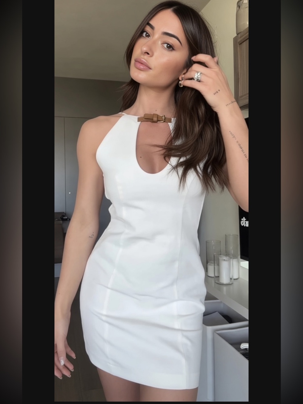 Zara White Halter Mini Dress with Leather Buckle. Small. NWT